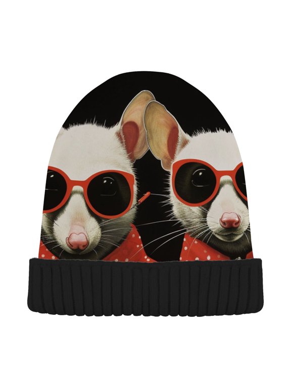 Mouse with Glasses Beanie Hats Men Women Cuffed Skull Cap Winter Warm Knit Thick Beanies