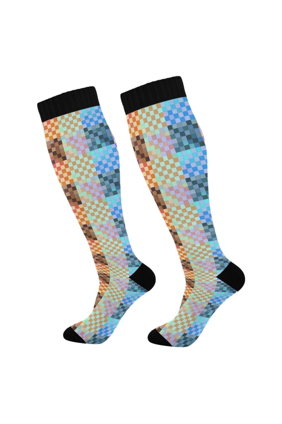 Multicolor Checkered Long Socks Women Men Knee High Sock