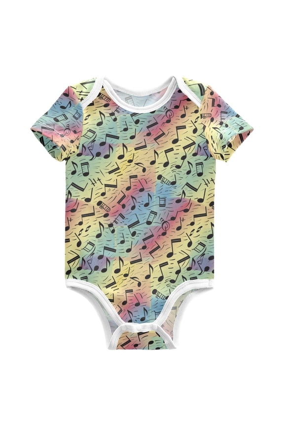 Musical Notes in Rainbow Pattern Baby Bodysuits Short Sleeve Cotton Onesies Clothes 9Months