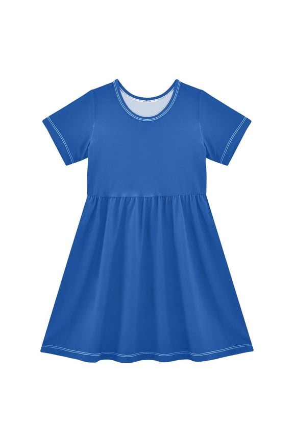 Navy Blue Girls' Short Sleeve Dress Kids Dresses 5-6T