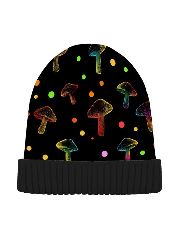 Neon Mushrooms Beanie Hats Cuffed Winter Warm Knit Thick Beanies