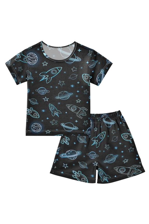 Neon Outer Space Pattern Pajama Sets Short Sleeve Cotton 2-Piece Sleepwear 8Y