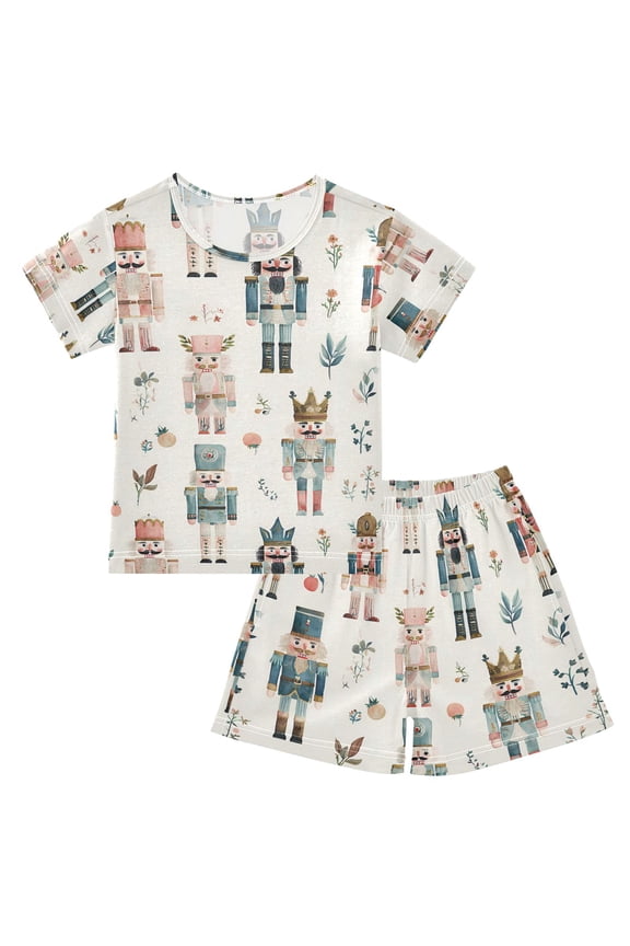 Nutcracker Soldiers Christmas Pattern Pajama Sets Short Sleeve Cotton 2-Piece Sleepwear 10Y