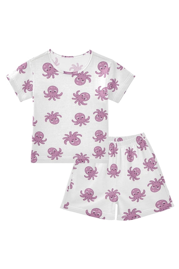 Octopus Cute Pattern Pajama Sets Short Sleeve Cotton 2-Piece Sleepwear 10Y