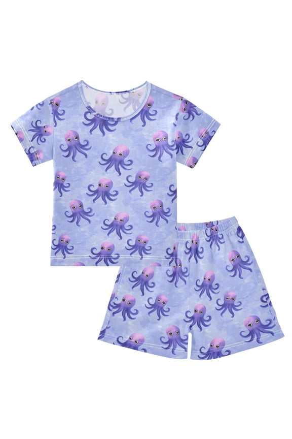 Octopus Pattern Pajama Sets Short Sleeve Cotton 2-Piece Sleepwear 8Y