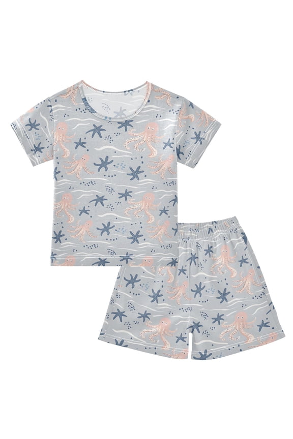 Octopus Starfish Wave Retro Pattern Pajama Sets Short Sleeve Cotton 2-Piece Sleepwear 10Y