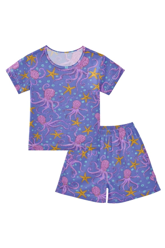 Octopus and Starfish Pattern Pajama Sets Short Sleeve Cotton 2-Piece Sleepwear 10Y