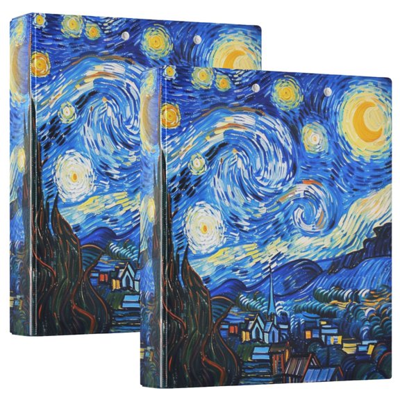 joogoo Oil Paint Starry Night Pattern Hardcover 3 Ring Binder 1.5" Round Rings Interior Pockets Binders Organizer 2 Pack