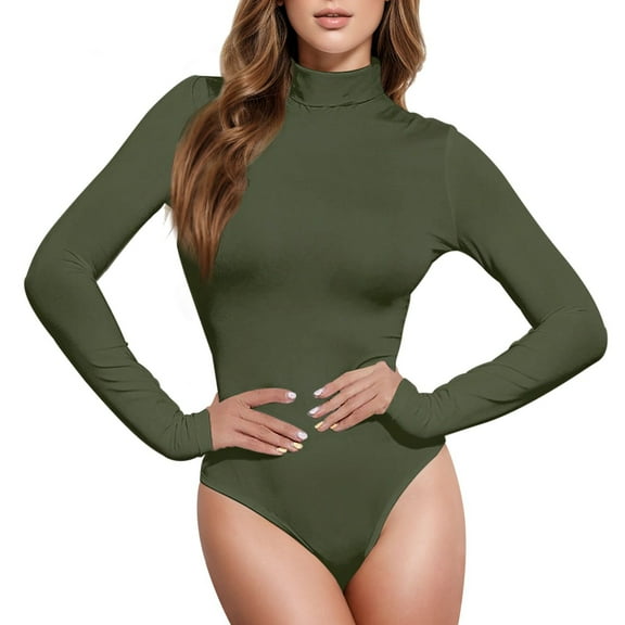 joogoo Olive Green Solid Women's Mock Turtle Neck Long Sleeve Bodysuit L