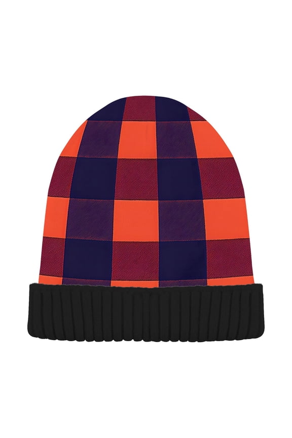 Orange Checkered Beanie Hats Cuffed Winter Warm Knit Thick Beanies