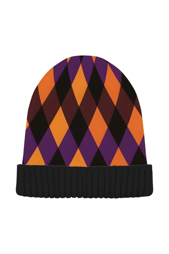 Orange Checkered Beanie Hats Cuffed Winter Warm Knit Thick Beanies