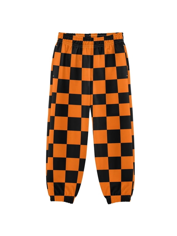 Orange Checkered Grid Pattern Boys' Sweatpants Jogger Pants 3T