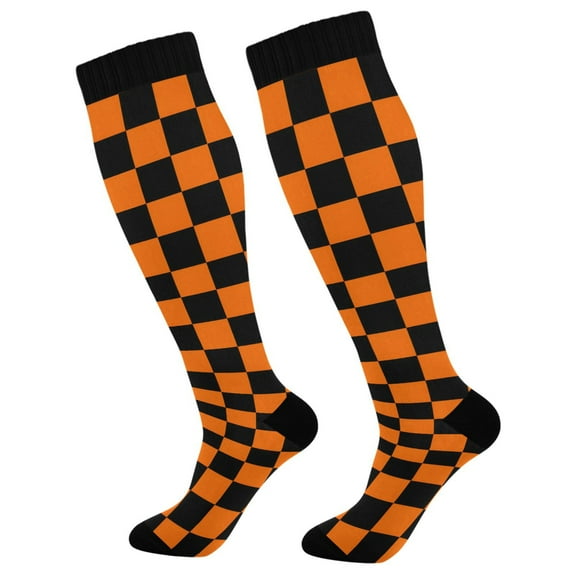 joogoo Orange Checkered Grid Pattern Socks Women Men Knee High Sock