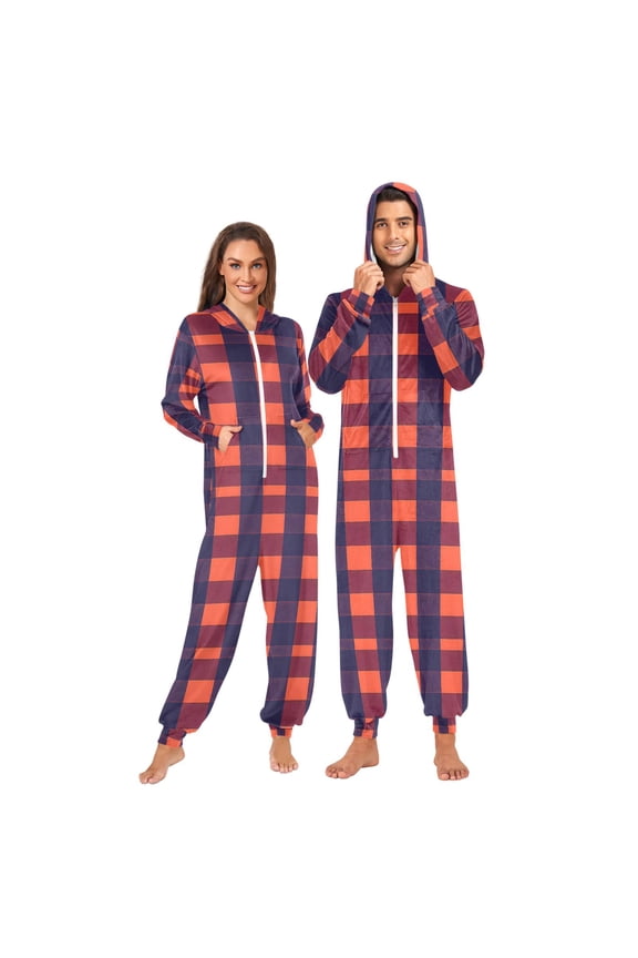 Orange Checkered Unisex Adults Onesies Pajamas Jumpsuits L