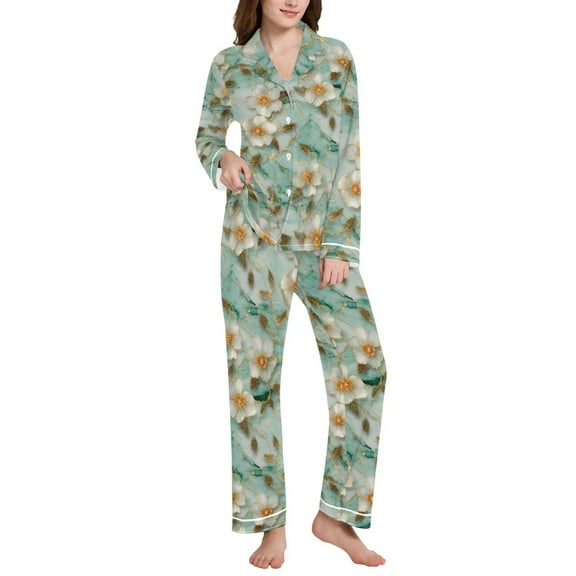 joogoo Pajamas Set for Women 3d Flower on Marble Long Sleeve Pjs Loungewear XXL