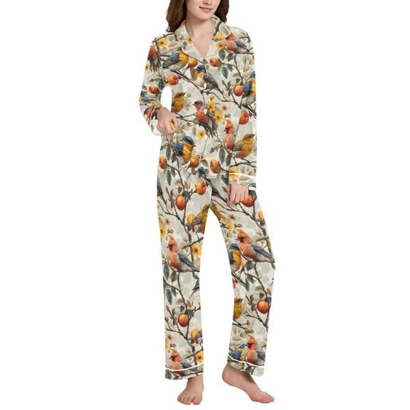joogoo Pajamas Set for Women Bird on Branch Floral Long Sleeve Pjs Loungewear S