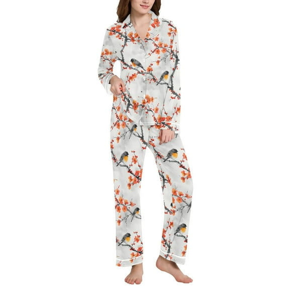 joogoo Pajamas Set for Women Birds on Floral Branches Long Sleeve Pjs Loungewear XXL