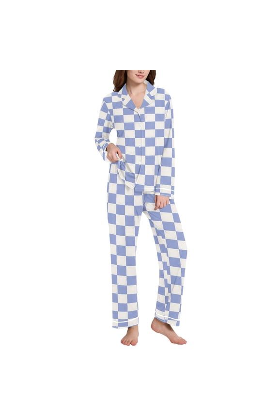 Pajamas Set for Women Blue Checkered Grid Pattern Long Sleeve Pjs Loungewear XXL