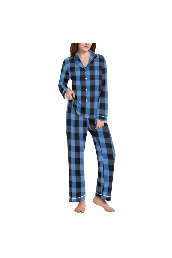 Pajamas Set for Women Blue Checkered Grid Pattern Long Sleeve Pjs Loungewear XXL