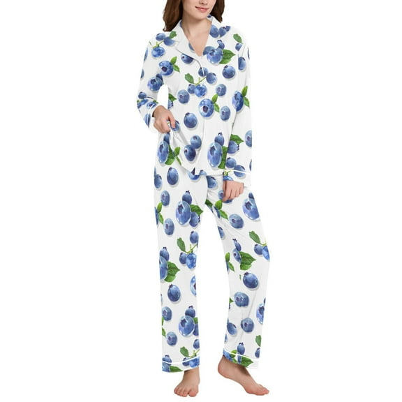joogoo Pajamas Set for Women Blueberry Fruits Long Sleeve Pjs Loungewear L