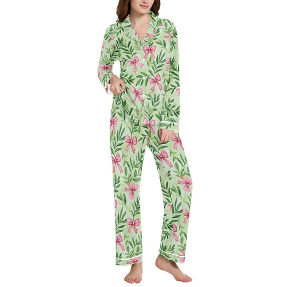 joogoo Pajamas Set for Women Bows Leaves Long Sleeve Pjs Loungewear L