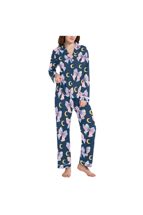 Pajamas Set for Women Bows Moons Long Sleeve Pjs Loungewear S