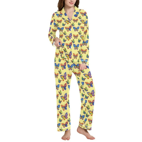 joogoo Pajamas Set for Women Butterfly on Yellow Long Sleeve Pjs Loungewear L