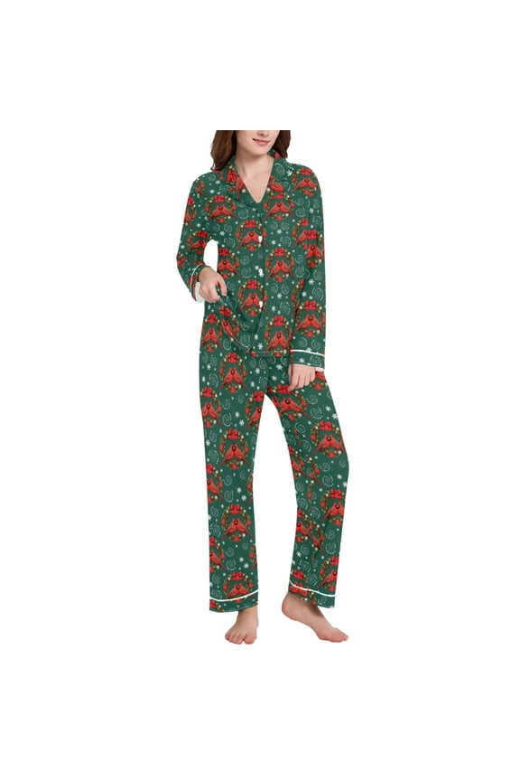 Pajamas Set for Women Cardinal Bows Snowflakes Long Sleeve Pjs Loungewear M