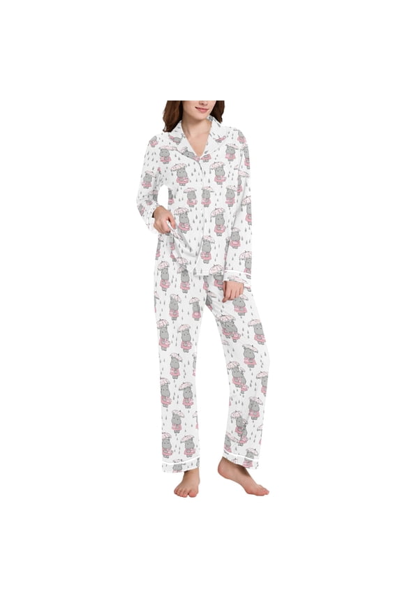 Pajamas Set for Women Cartoon Hippo in Rain Long Sleeve Pjs Loungewear S