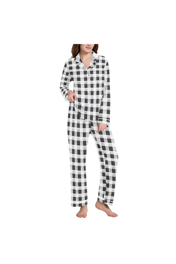 Pajamas Set for Women Checkered Grid-b6 Long Sleeve Pjs Loungewear L