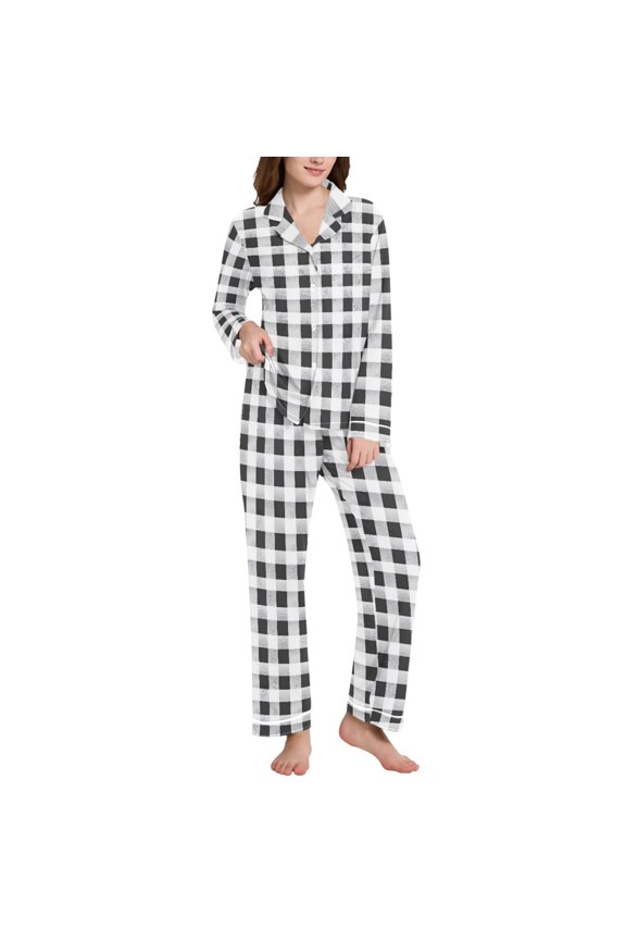 Pajamas Set for Women Checkered Grid-b6 Long Sleeve Pjs Loungewear XXL