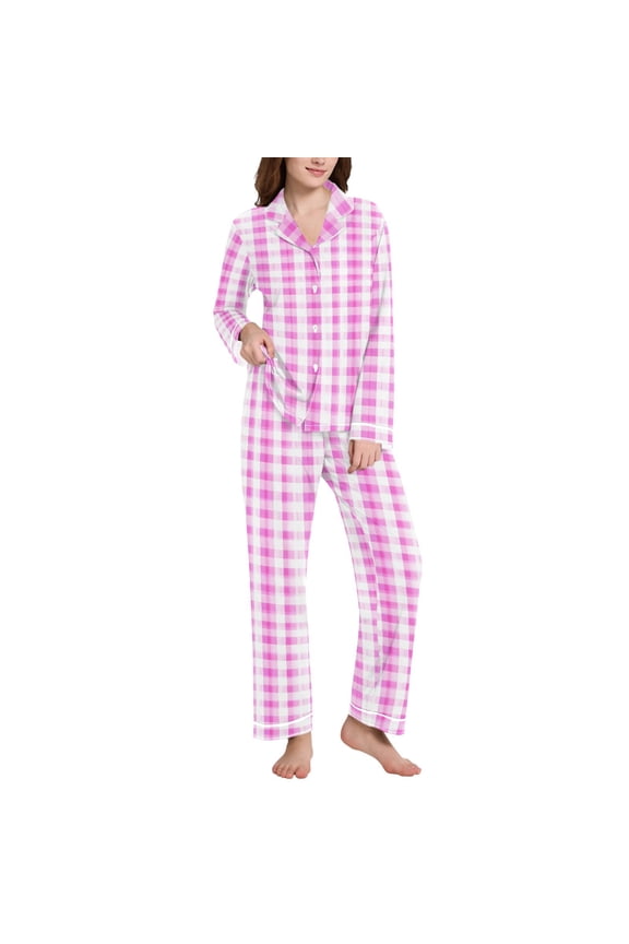 Pajamas Set for Women Checkered Grid-d8 Long Sleeve Pjs Loungewear XXL