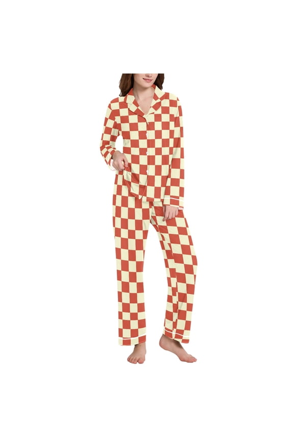 Pajamas Set for Women Checkered Grid-t6 Long Sleeve Pjs Loungewear L