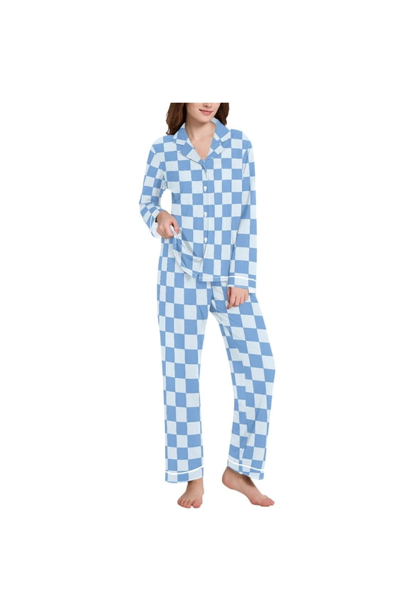 Pajamas Set for Women Checkered Grid-t7 Long Sleeve Pjs Loungewear L