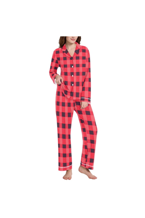 Pajamas Set for Women Checkered Pattern Long Sleeve Pjs Loungewear XXL