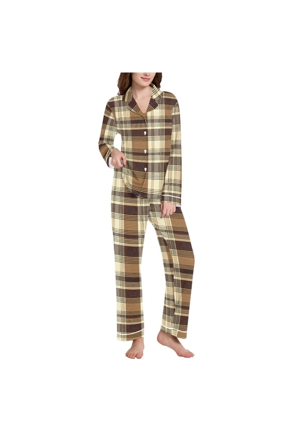 Pajamas Set for Women Checkered Pattern-e3 Long Sleeve Pjs Loungewear XXL