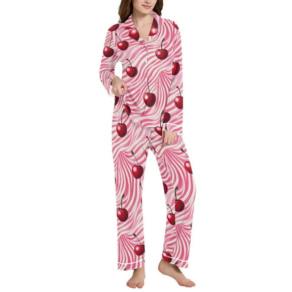 joogoo Pajamas Set for Women Cherry on Wave Long Sleeve Pjs Loungewear XXL