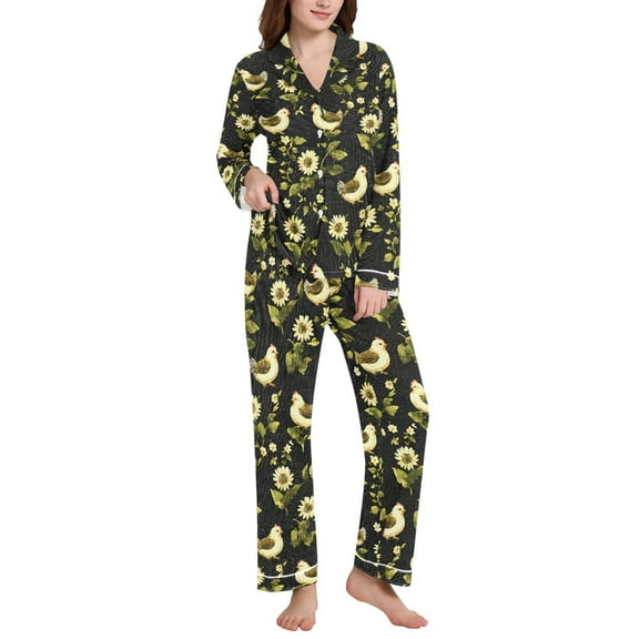 joogoo Pajamas Set for Women Chicken and Flower Long Sleeve Pjs Loungewear L