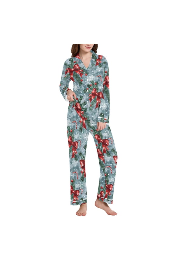 Pajamas Set for Women Christmas Berry with Bow Long Sleeve Pjs Loungewear S