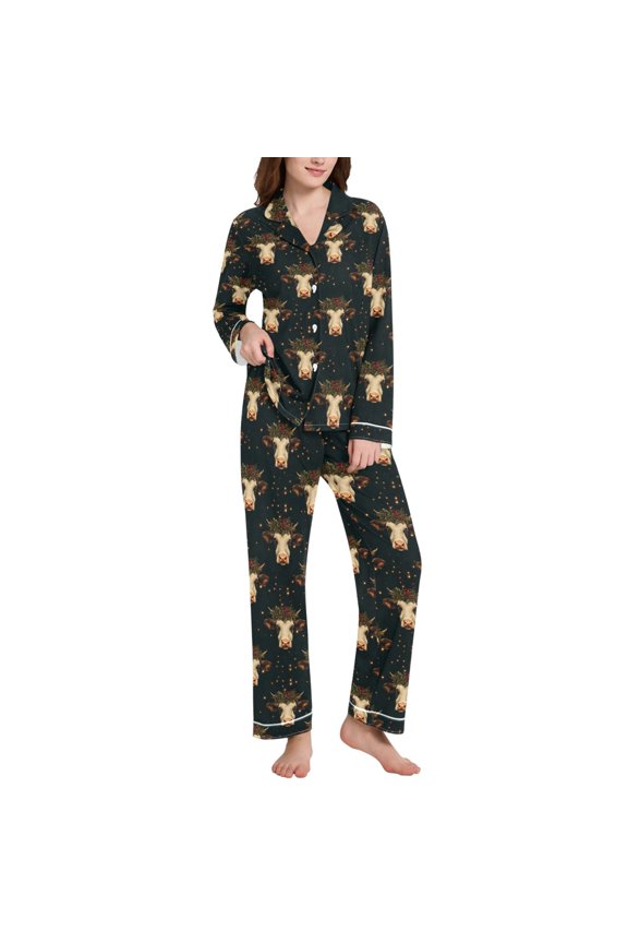 Pajamas Set for Women Christmas Cow and Holly Long Sleeve Pjs Loungewear M