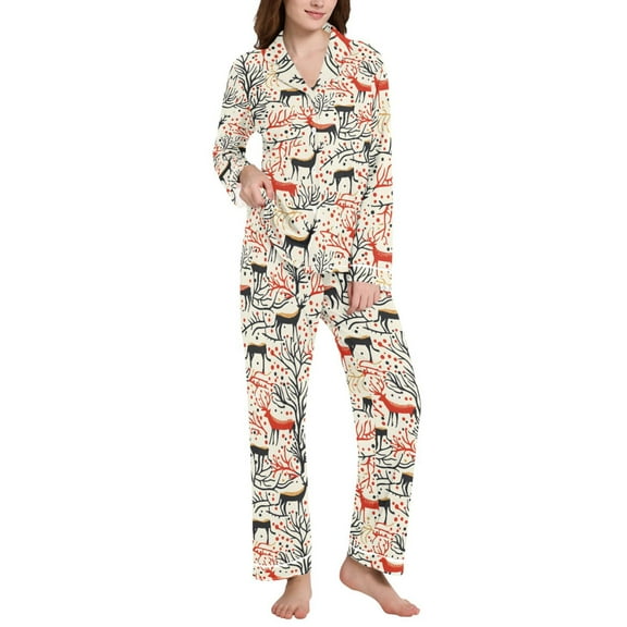 joogoo Pajamas Set for Women Christmas Reindeer Trees Long Sleeve Pjs Loungewear S