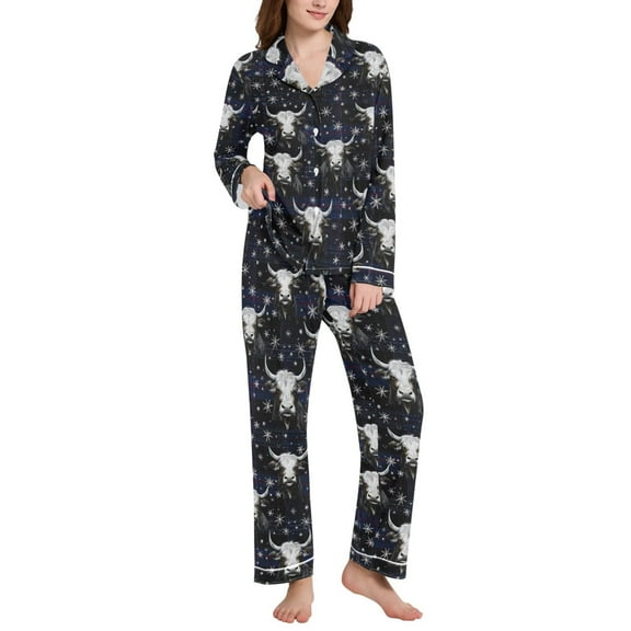 joogoo Pajamas Set for Women Christmas Snow Cow Checkered Long Sleeve Pjs Loungewear L