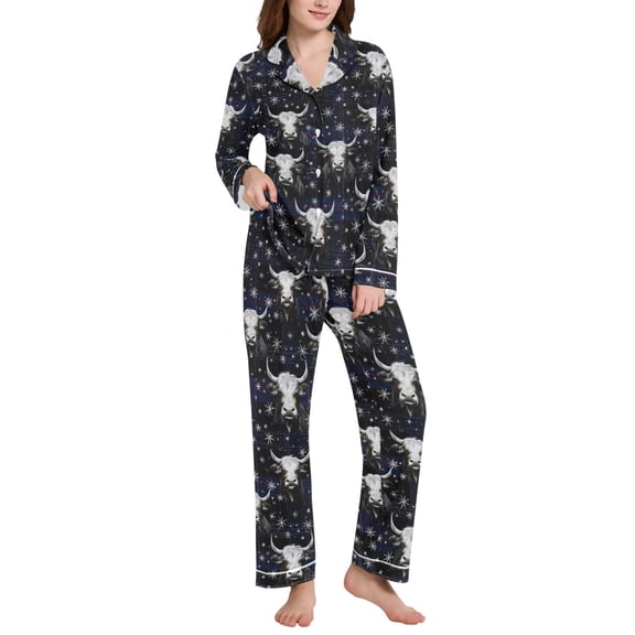 joogoo Pajamas Set for Women Christmas Snow Cow Checkered Long Sleeve Pjs Loungewear M
