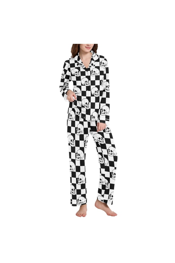 Pajamas Set for Women Cool Skulls on Checkered Long Sleeve Pjs Loungewear L
