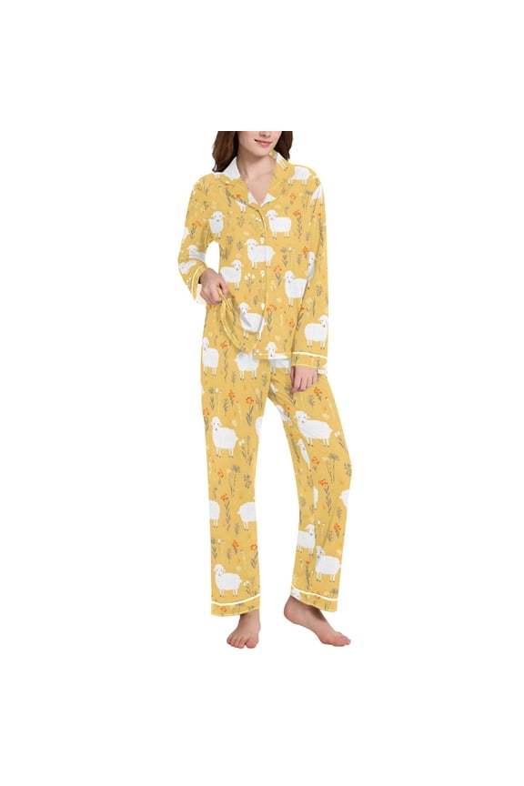 Pajamas Set for Women Cute Sheeps Flowers Long Sleeve Pjs Loungewear L