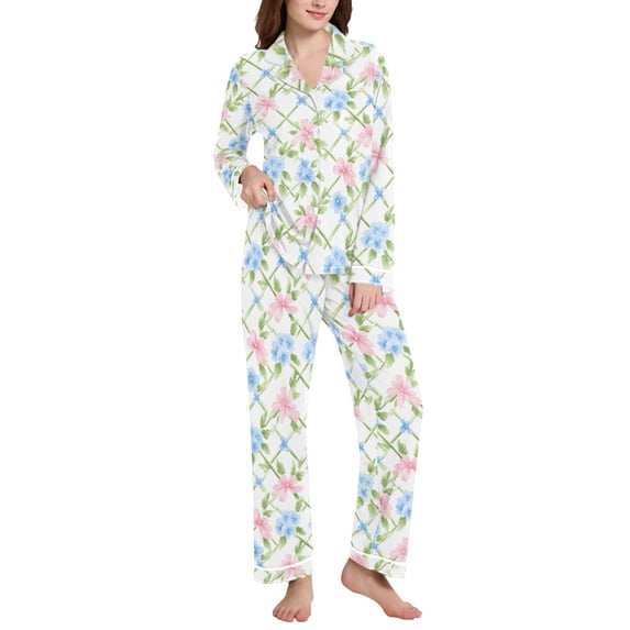 joogoo Pajamas Set for Women Flowers Checkered Long Sleeve Pjs Loungewear XXL