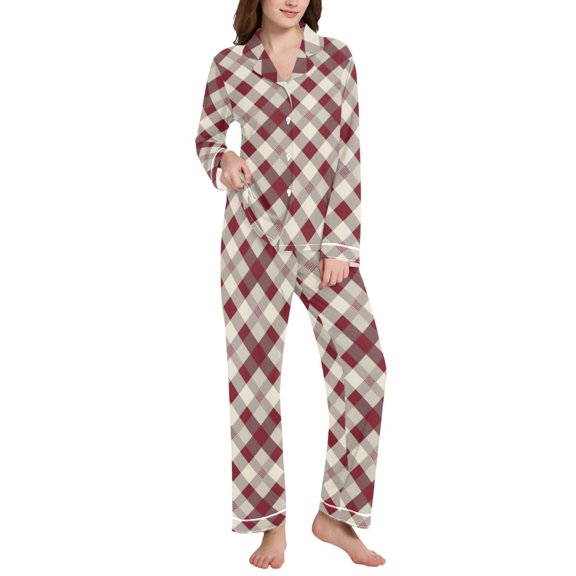 joogoo Pajamas Set for Women Geometric Checkered Grid Pattern Long Sleeve Pjs Loungewear S