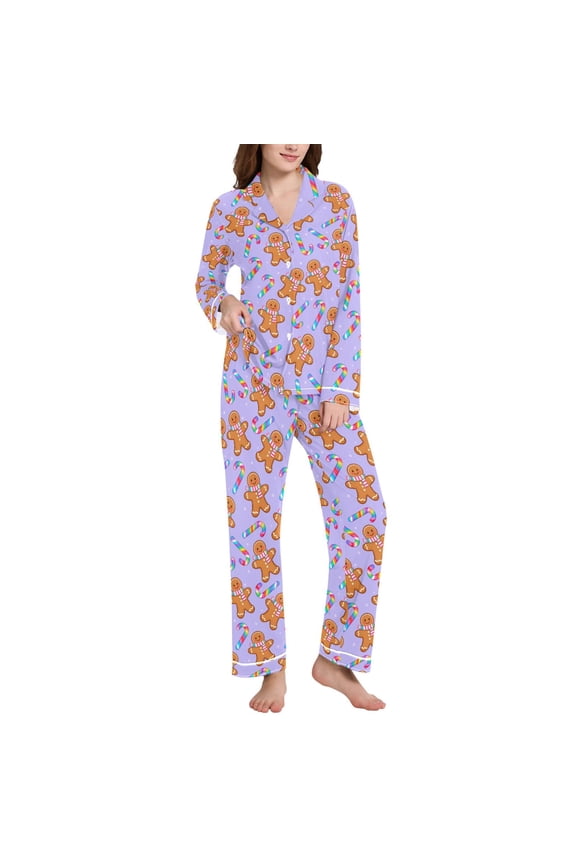Pajamas Set for Women Gingerbread Man Candy Cane Long Sleeve Pjs Loungewear L