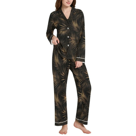 joogoo Pajamas Set for Women Golden Leaves Long Sleeve Pjs Loungewear L