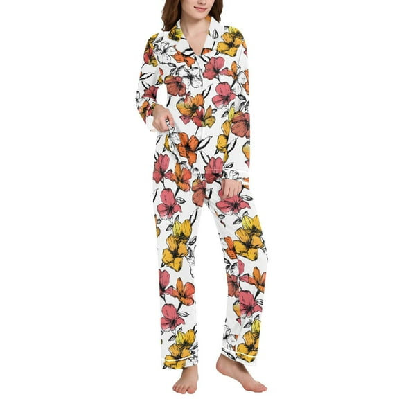 joogoo Pajamas Set for Women Hand Drawn Summer Floral Long Sleeve Pjs Loungewear XL